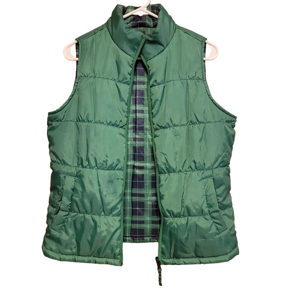 Merona Women's Size Medium Reversible Puffer Vest Green Blue Plaid Holiday Zip